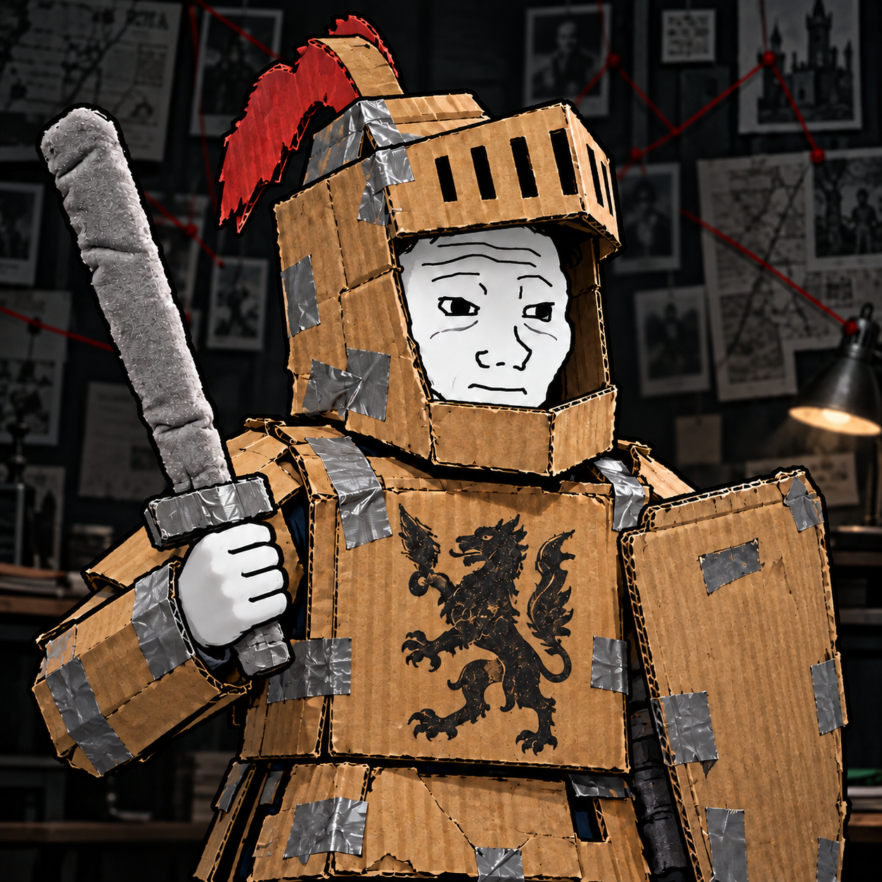 Wojak in a cheap cardboard knight costume holding a foam sword